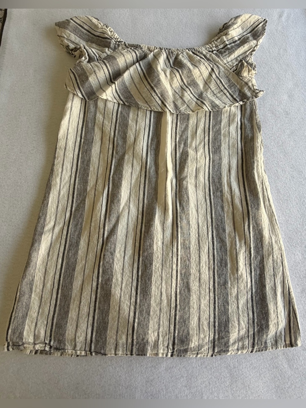 Saks Fifth Avenue Linen Blend Striped Off Shoulder Ruffle Dress M